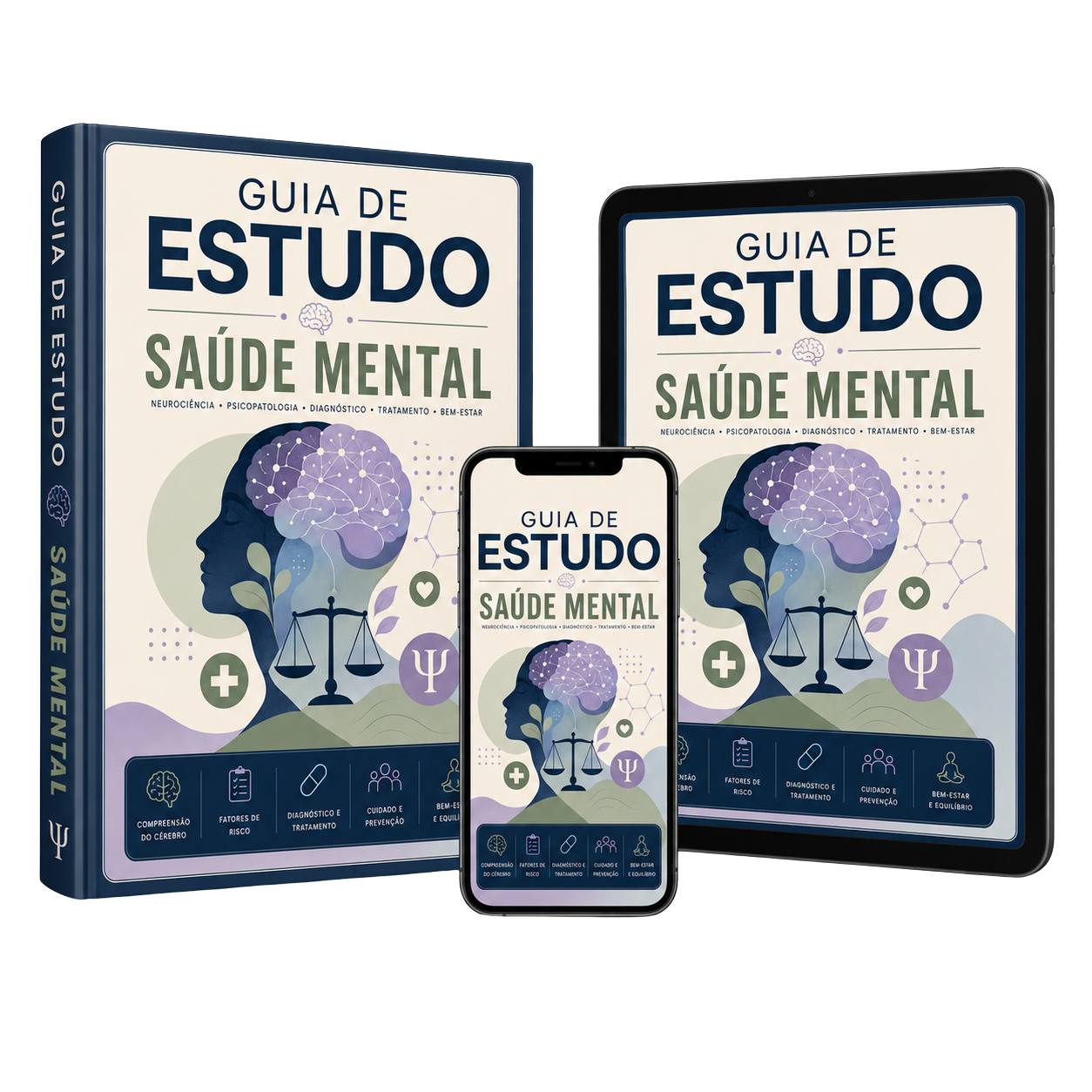 Método visual de Saúde Mental exibido em livro, tablet e celular